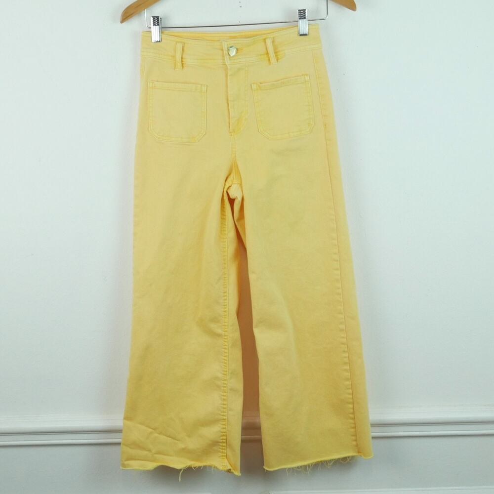 Oat NY High Rise Wide Leg Crop Pants Raw Hem Butter Yellow Lemon Button 2 26